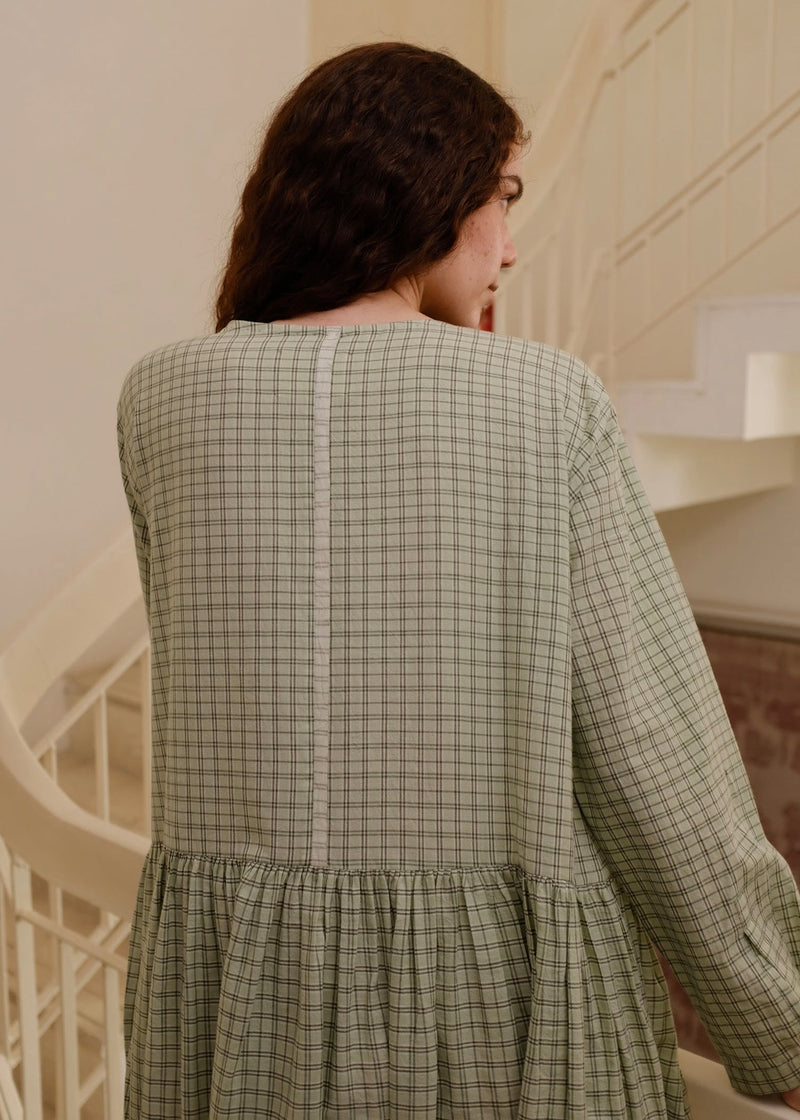 Blake-Smoked Green Checks Dress handwoven cotton dress by MASON AND MILL in green for women in Singapore