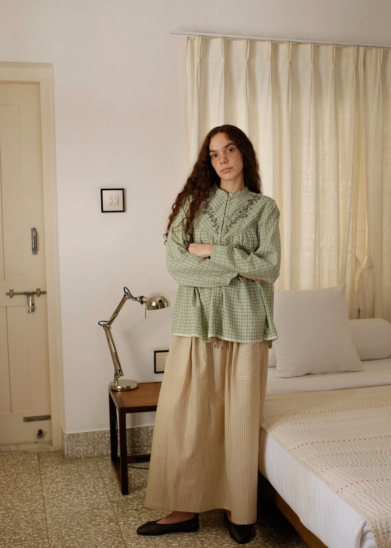 Liora-Smoke Green Checks Top handwoven cotton top/shirt by MASON AND MILL in green for women in Singapore
