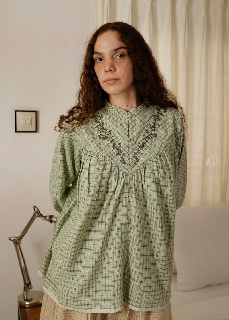 Liora-Smoke Green Checks Top handwoven cotton top/shirt by MASON AND MILL in green for women in Singapore