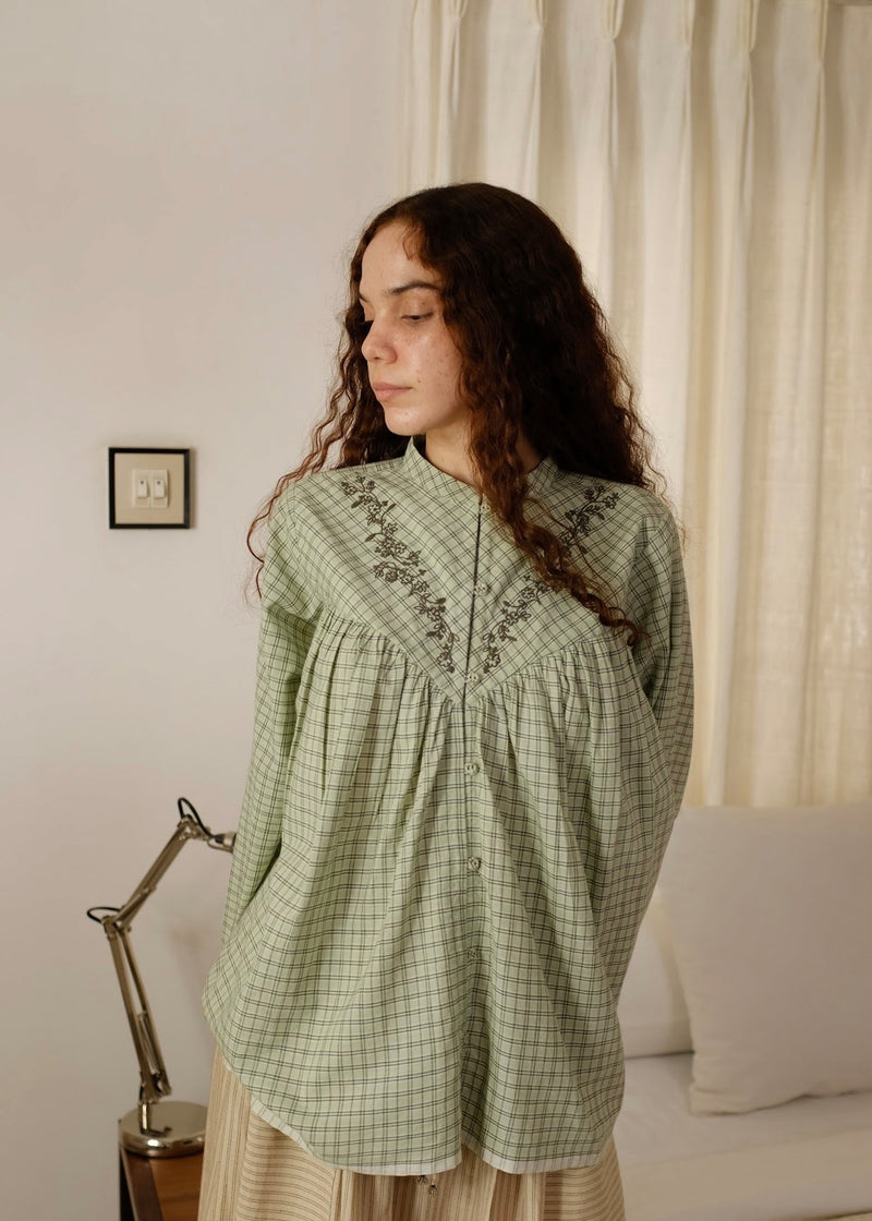 Liora-Smoke Green Checks Top handwoven cotton top/shirt by MASON AND MILL in green for women in Singapore