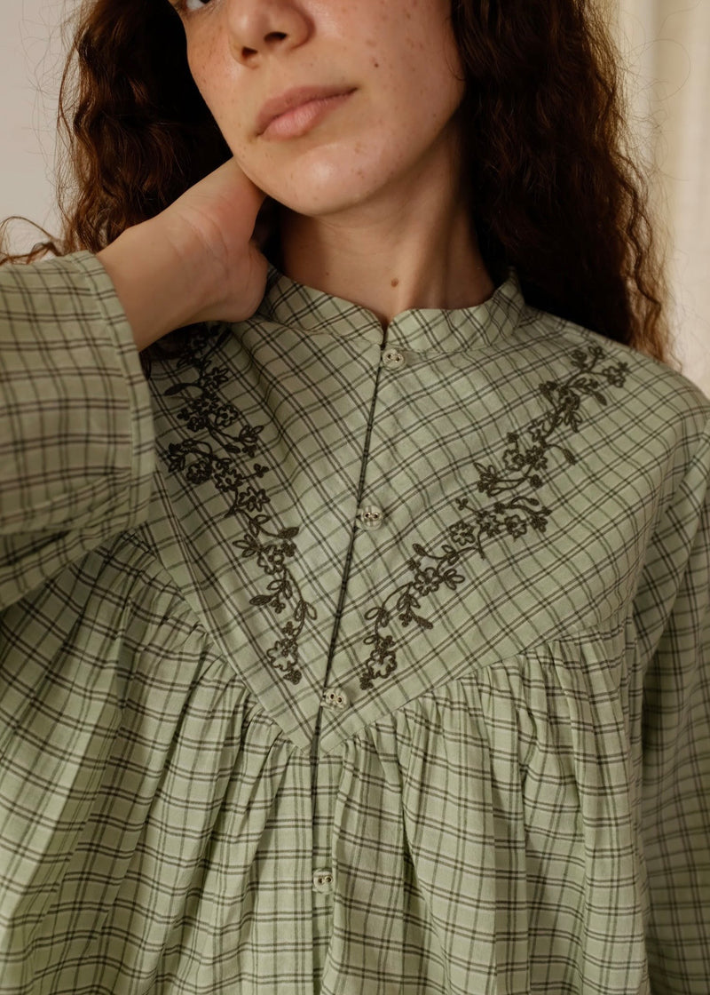 Liora-Smoke Green Checks Top handwoven cotton top/shirt by MASON AND MILL in green for women in Singapore
