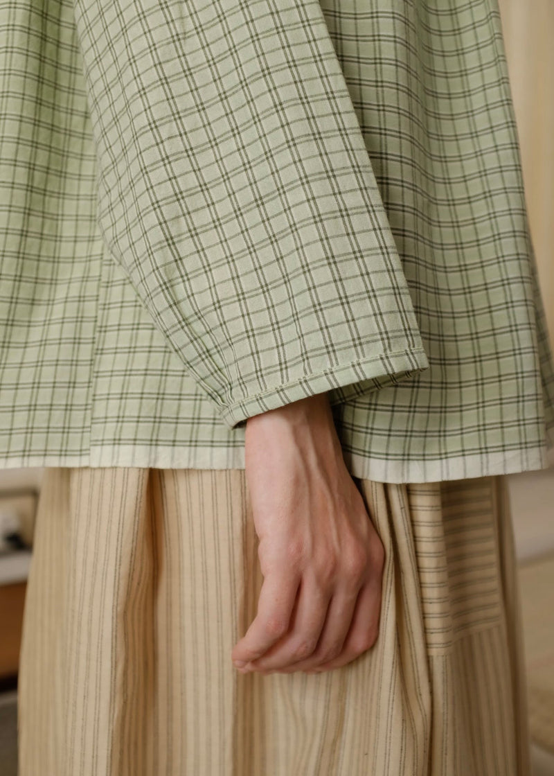 Liora-Smoke Green Checks Top handwoven cotton top/shirt by MASON AND MILL in green for women in Singapore