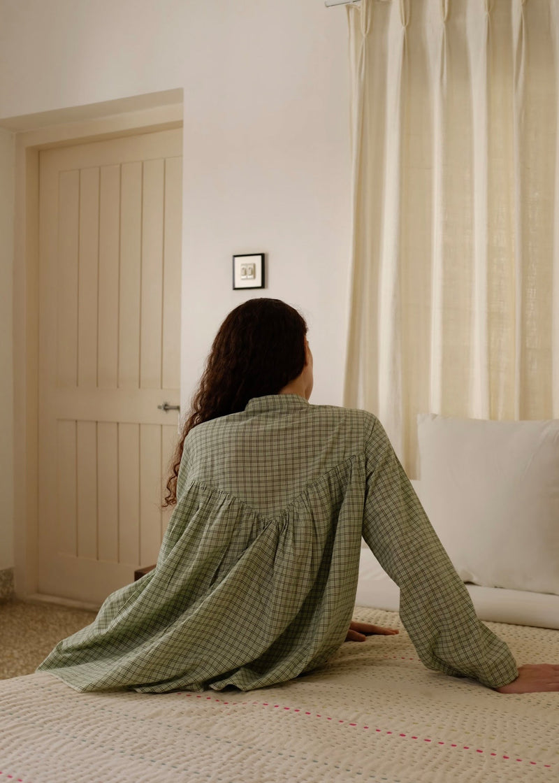 Liora-Smoke Green Checks Top handwoven cotton top/shirt by MASON AND MILL in green for women in Singapore