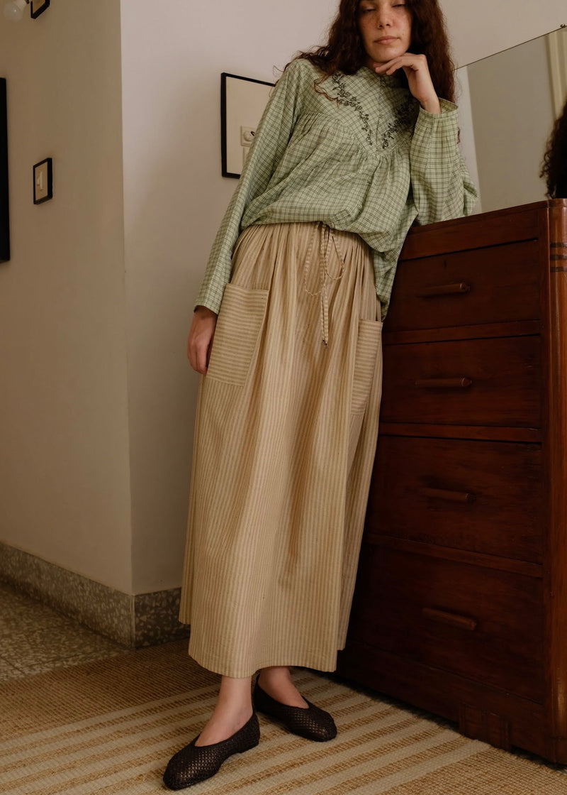 Casey-Sand Skirt handwoven cotton skirt by MASON AND MILL in beige for women in Singapore