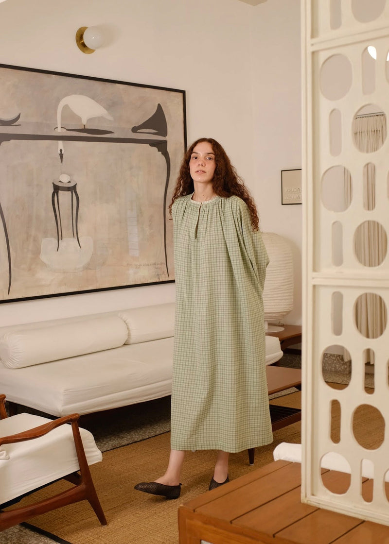 Vienna Dress handwoven cotton dress by MASON AND MILL in green for women in Singapore