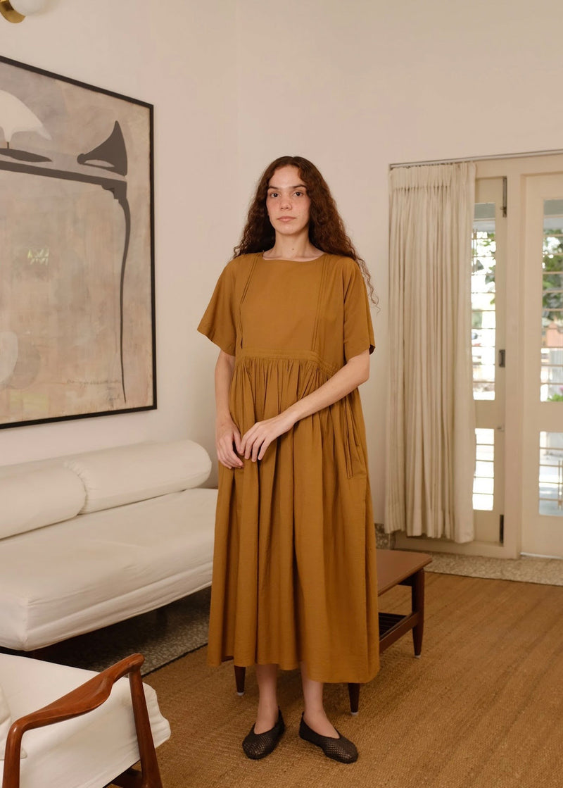 Terra Dress handwoven cotton dress by MASON AND MILL in mustard yellow for women in Singapore