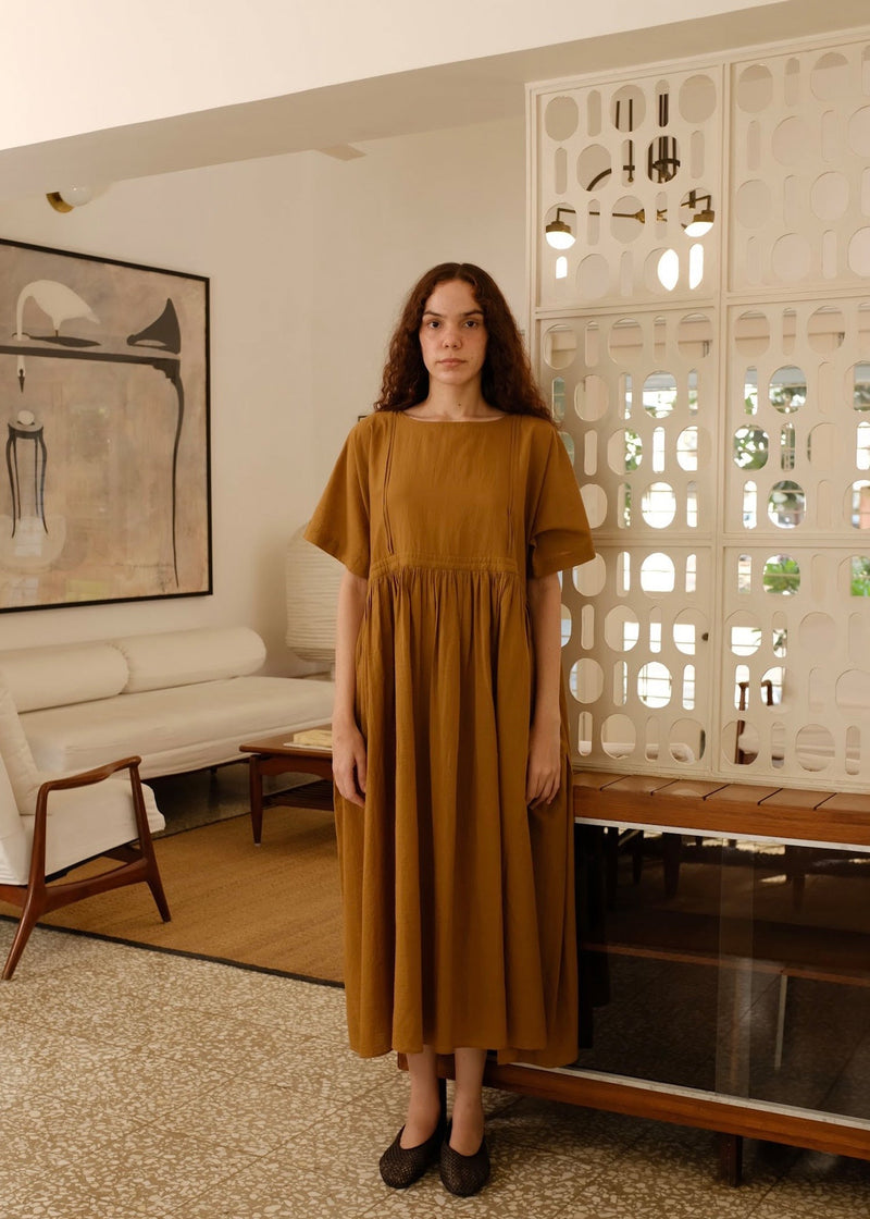 Terra Dress handwoven cotton dress by MASON AND MILL in mustard yellow for women in Singapore