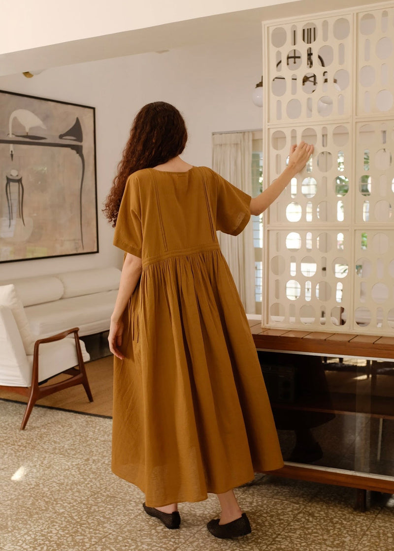 Terra Dress handwoven cotton dress by MASON AND MILL in mustard yellow for women in Singapore