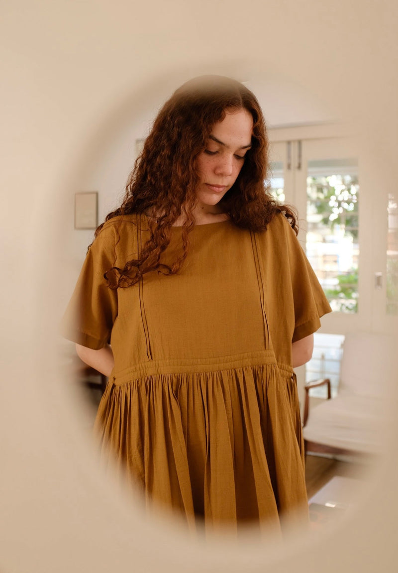 Terra Dress handwoven cotton dress by MASON AND MILL in mustard yellow for women in Singapore