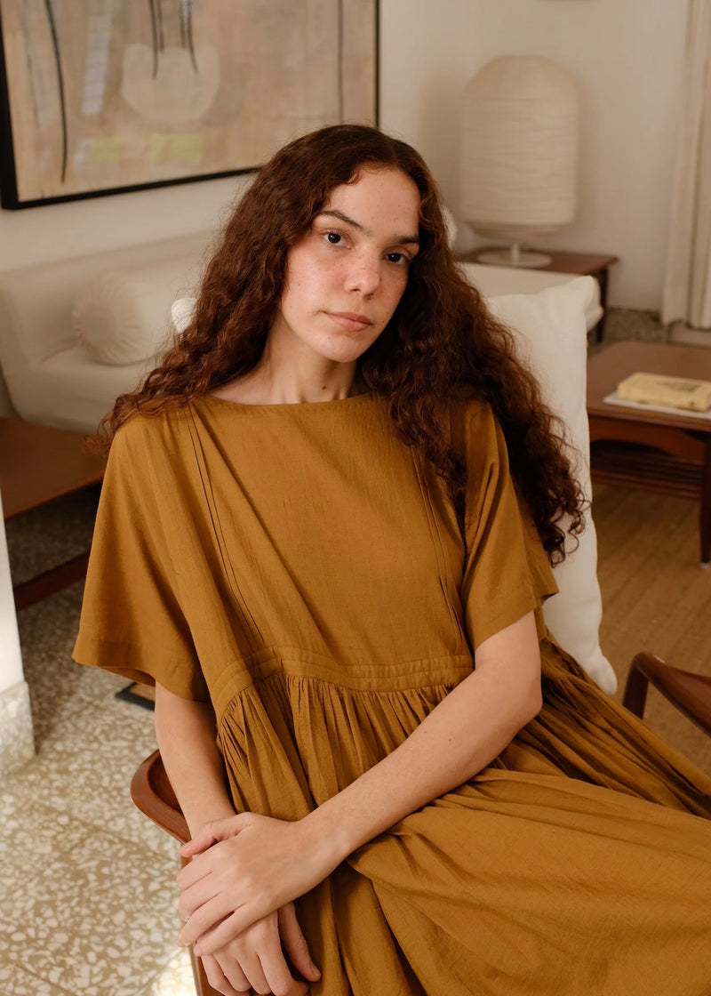 Terra Dress handwoven cotton dress by MASON AND MILL in mustard yellow for women in Singapore