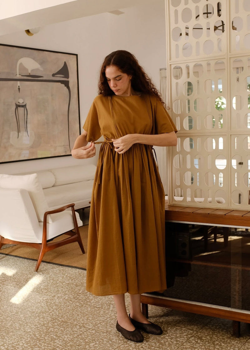 Terra Dress handwoven cotton dress by MASON AND MILL in mustard yellow for women in Singapore