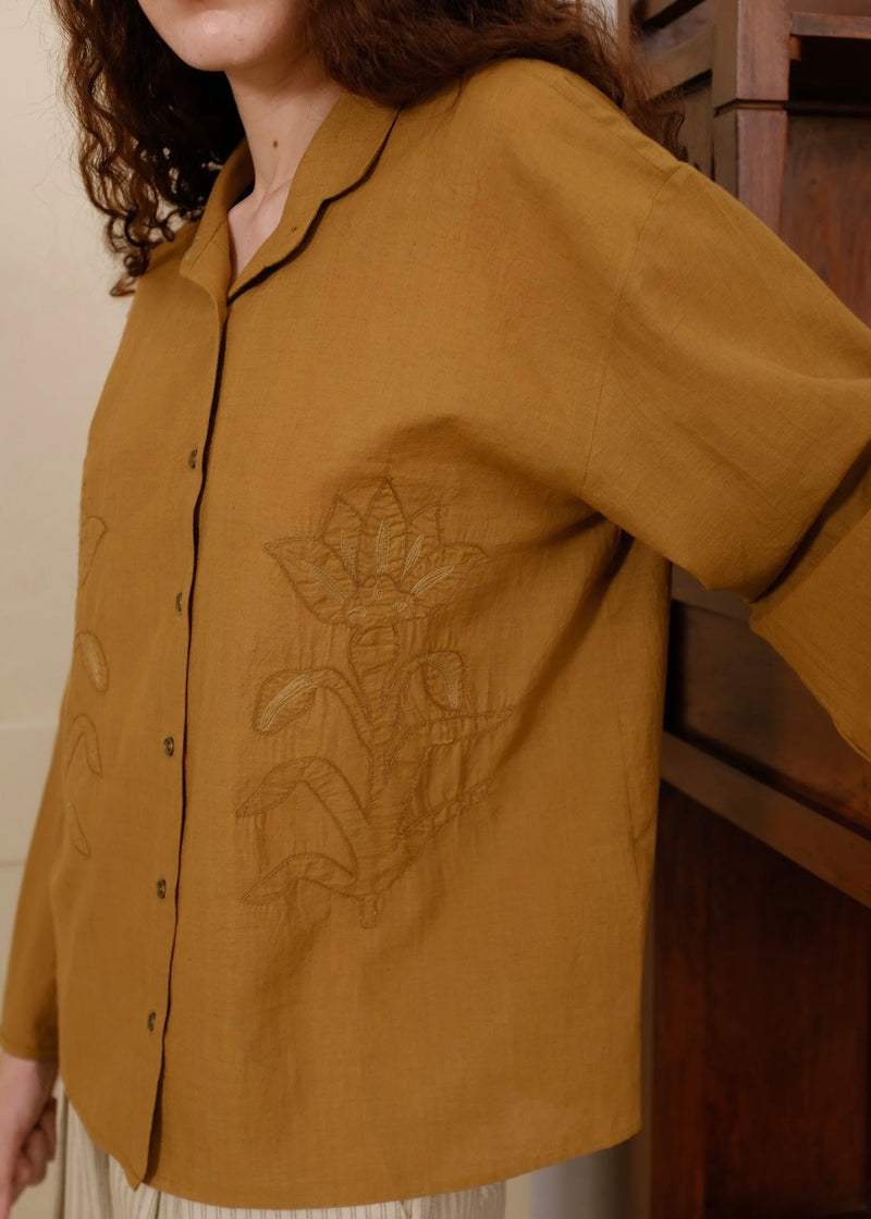 Auburn Top handwoven cotton top/shirt by MASON AND MILL in mustard yellow for women in Singapore
