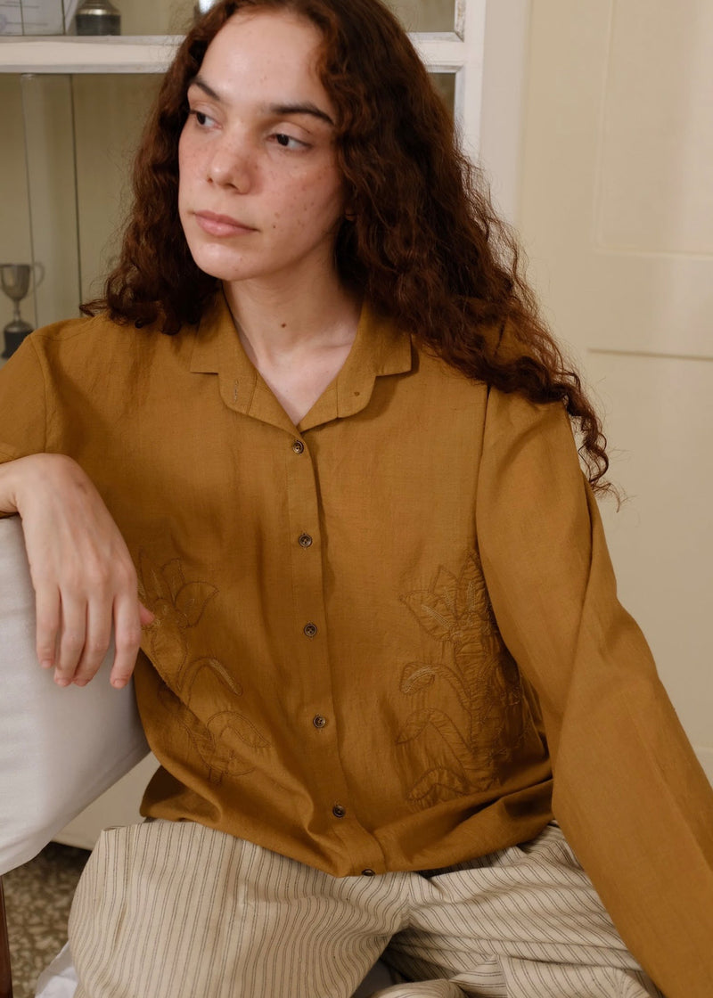 Auburn Top handwoven cotton top/shirt by MASON AND MILL in mustard yellow for women in Singapore