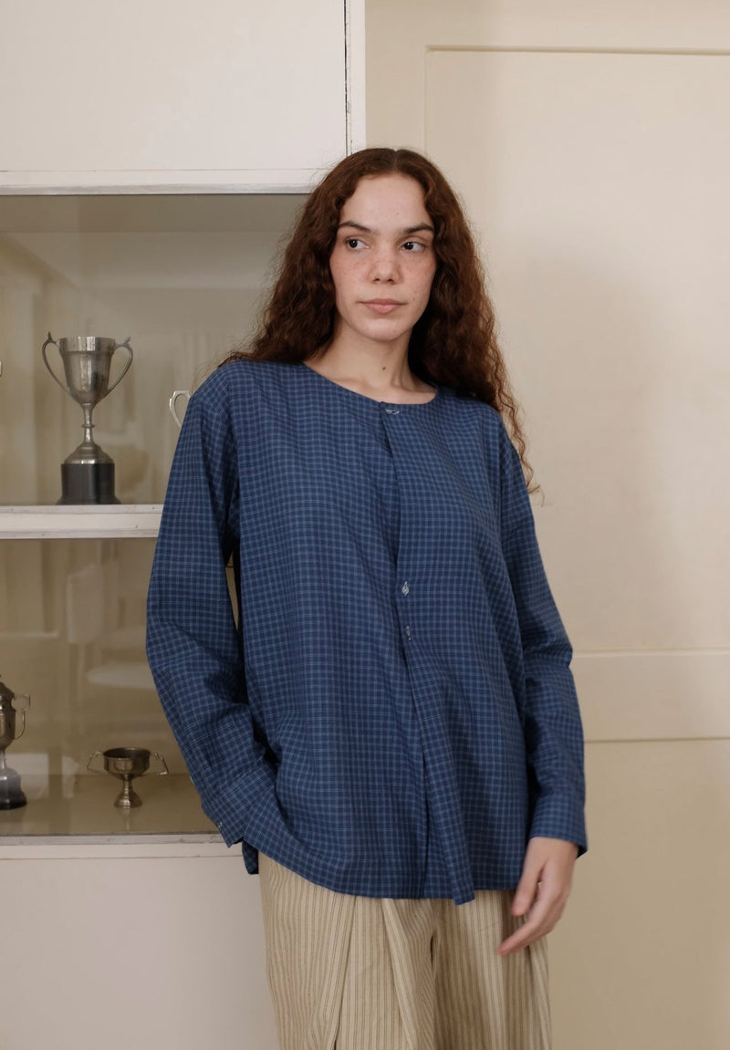 Aston Top handwoven cotton top/shirt by MASON AND MILL in navy blue for women in Singapore
