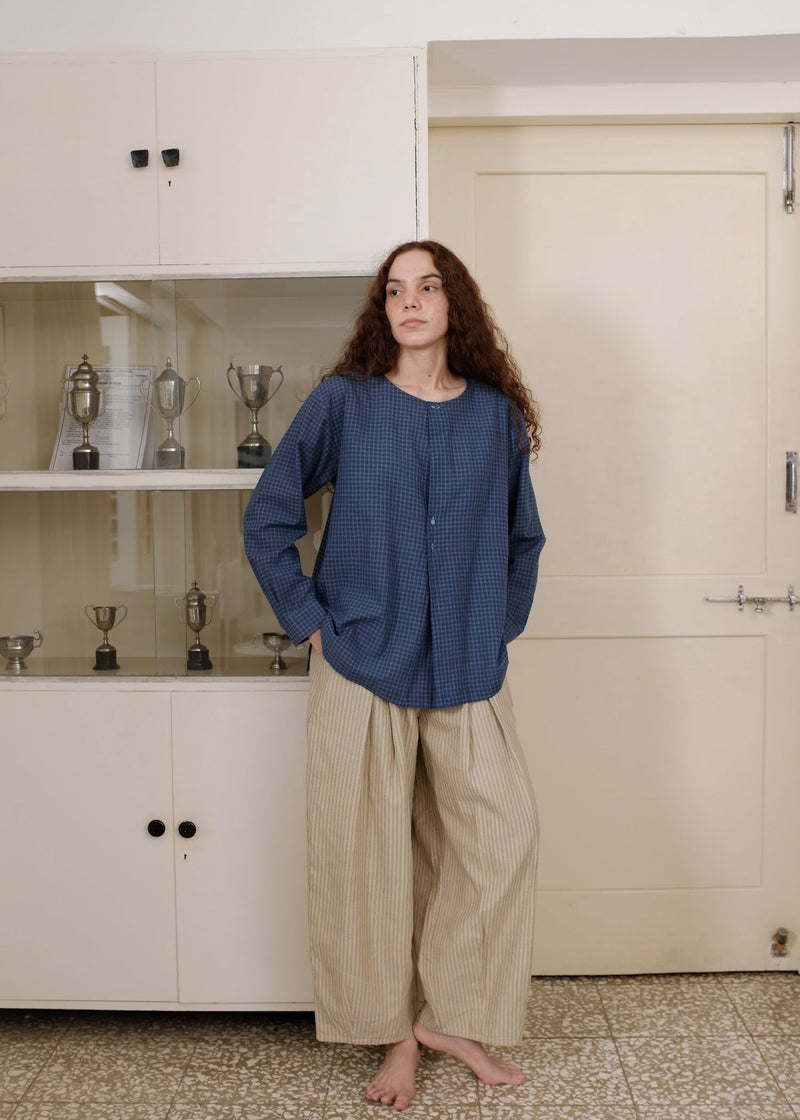 Aston Top handwoven cotton top/shirt by MASON AND MILL in navy blue for women in Singapore