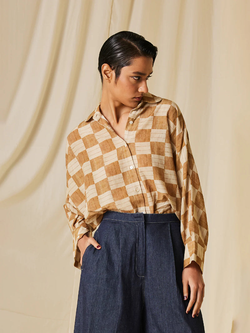 Kiera Shirt - Mustard Checks cotton Top & Tunics,Shirt by CORD for women in Singapore