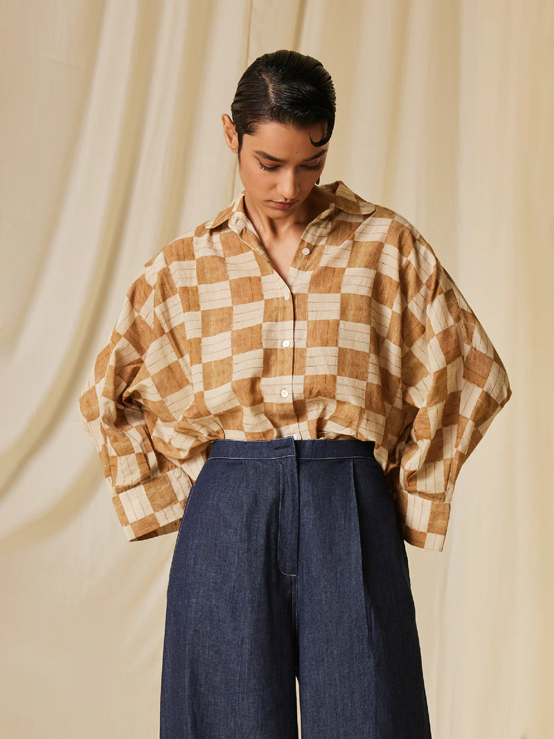 Kiera Shirt - Mustard Checks cotton Top & Tunics,Shirt by CORD for women in Singapore