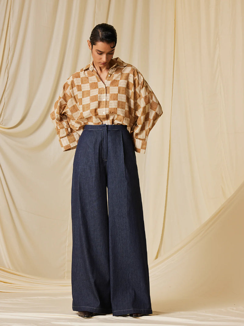 Kiera Shirt - Mustard Checks cotton Top & Tunics,Shirt by CORD for women in Singapore