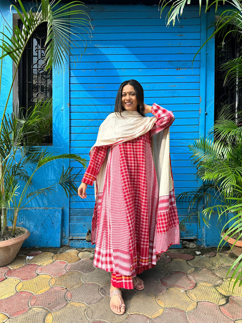 Side Panelled Red Dress + Palazzo + Dupatta (Set of 3) gamcha kurta/kurta set by 145 East in red, white for women in Singapore