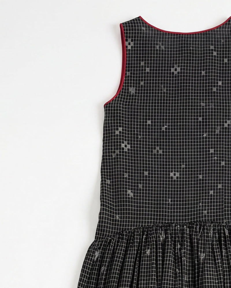 The Grid Wrap Dress-Black cotton jamdani dress by World of Crow in black for women in Singapore