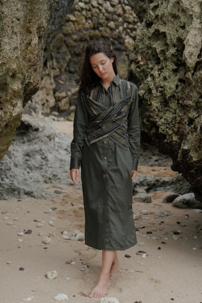 Upcycled Seattle Wrap Long Dress - Green cotton by The Terra Tribe in green color for women in Singapore