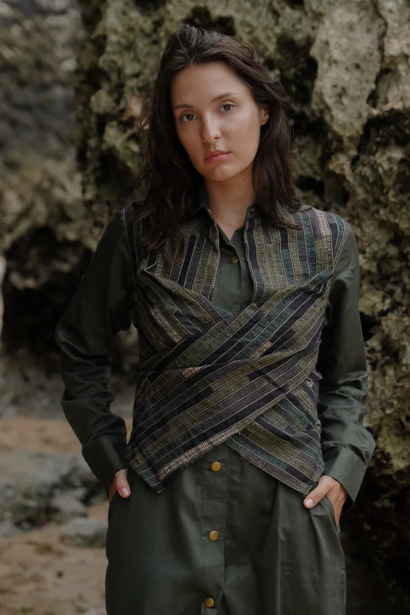 Upcycled Seattle Wrap Long Dress - Green cotton by The Terra Tribe in green color for women in Singapore