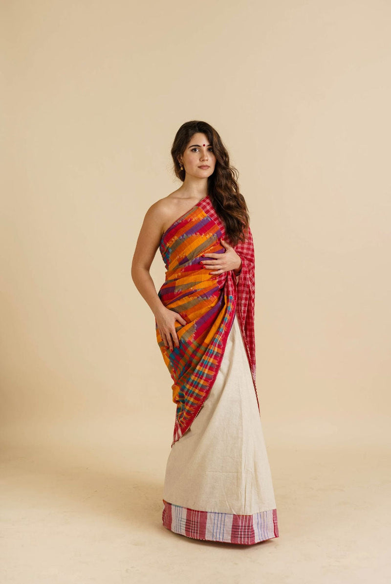 Fine Fiesta Saree woven gamcha, off-white khadi cotton saree by 145 East in red, white, multicolour for women in Singapore