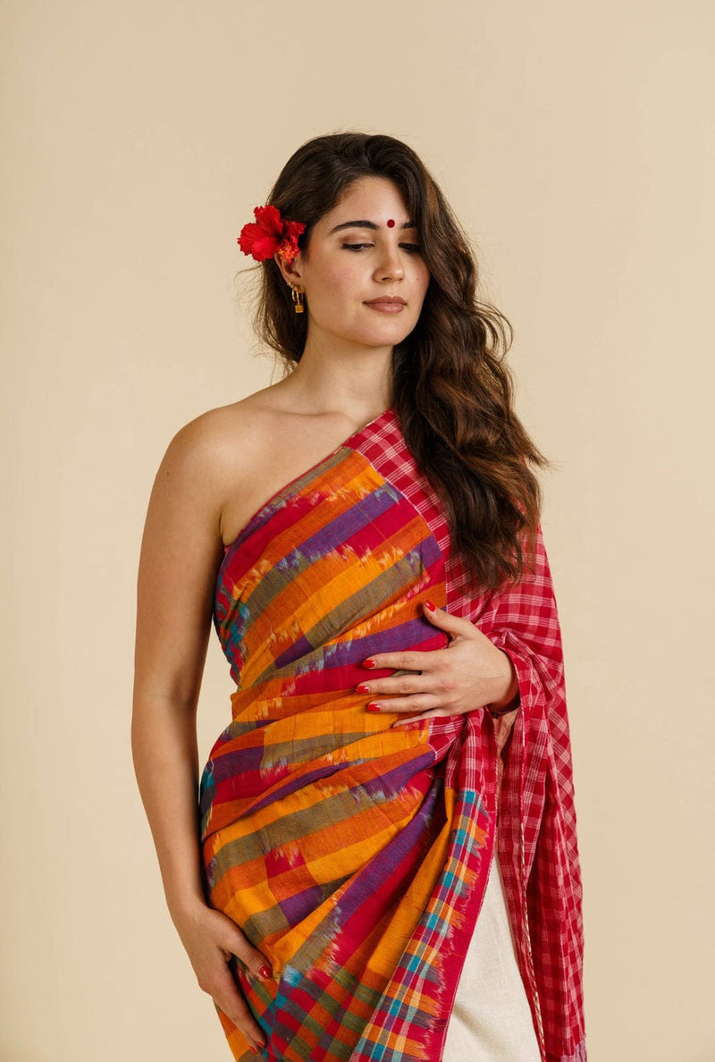 Fine Fiesta Saree woven gamcha, off-white khadi cotton saree by 145 East in red, white, multicolour for women in Singapore