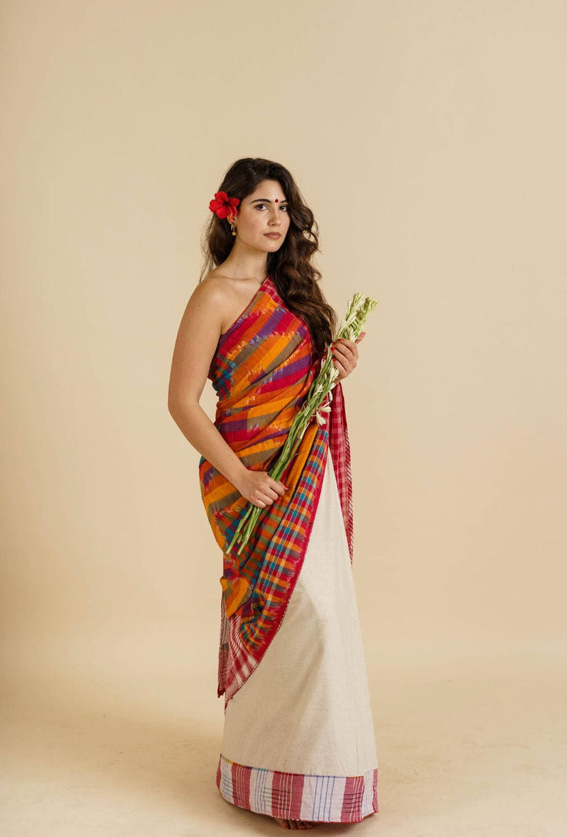 Fine Fiesta Saree woven gamcha, off-white khadi cotton saree by 145 East in red, white, multicolour for women in Singapore