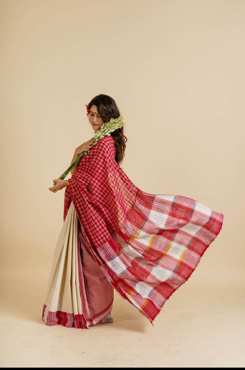 Fine Fiesta Saree woven gamcha, off-white khadi cotton saree by 145 East in red, white, multicolour for women in Singapore