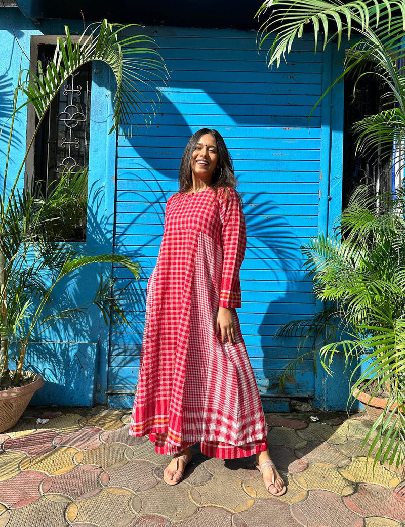 Side Panelled Red Dress + Palazzo + Dupatta (Set of 3) gamcha kurta/kurta set by 145 East in red, white for women in Singapore