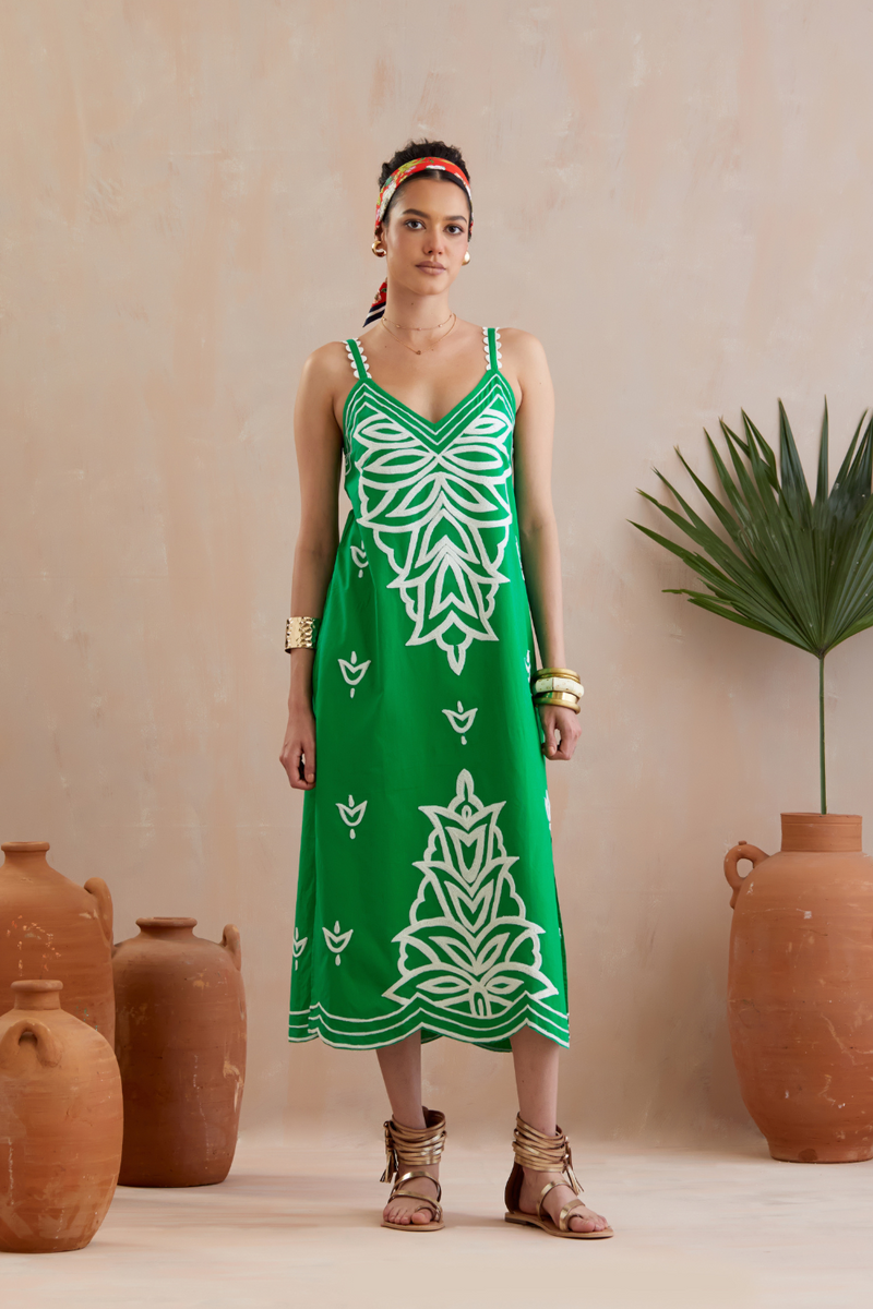 Avocado Green and Ivory Thread Embroidery Midi Dress poplin Buy Avocado Green and Ivory Thread Embroidery Midi Dress from C&W | Dresses for Women by Indian Summer Story in green color for women in Singapore