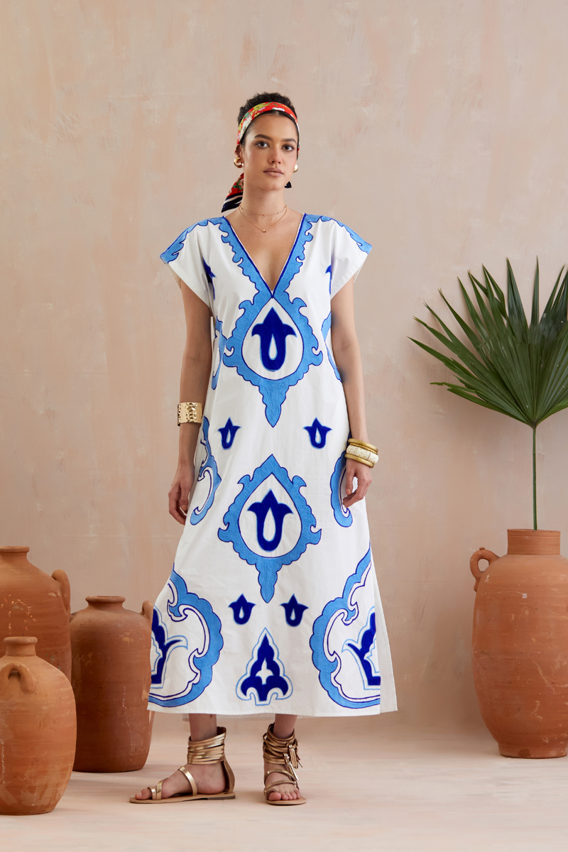 Ivory and Multi Color Azure Thread Embroidery Short Sleeve Maxi Dress poplin Buy Ivory and Multi Color Azure Thread Embroidery Short Sleeve Maxi Dress from C&W | Dresses for Women by Indian Summer Story in ivory color for women in Singapore