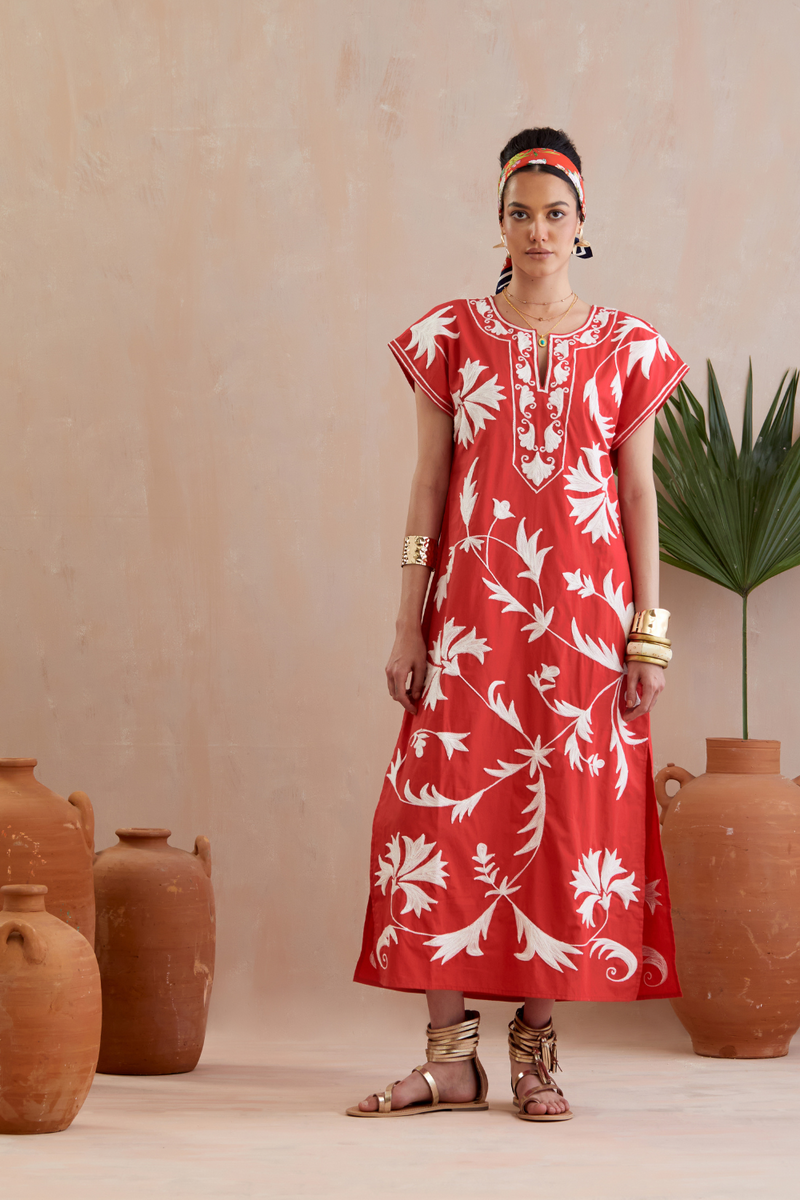 Crimson Red and Ivory Thread Embroidery Maxi Dress poplin Buy Crimson Red and Ivory Thread Embroidery Maxi Dress from C&W | Dresses for Women by Indian Summer Story in red color for women in Singapore