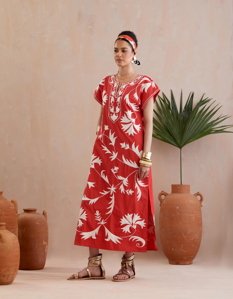 Crimson Red and Ivory Thread Embroidery Maxi Dress poplin Buy Crimson Red and Ivory Thread Embroidery Maxi Dress from C&W | Dresses for Women by Indian Summer Story in red color for women in Singapore