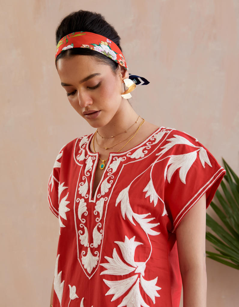 Crimson Red and Ivory Thread Embroidery Maxi Dress poplin Buy Crimson Red and Ivory Thread Embroidery Maxi Dress from C&W | Dresses for Women by Indian Summer Story in red color for women in Singapore