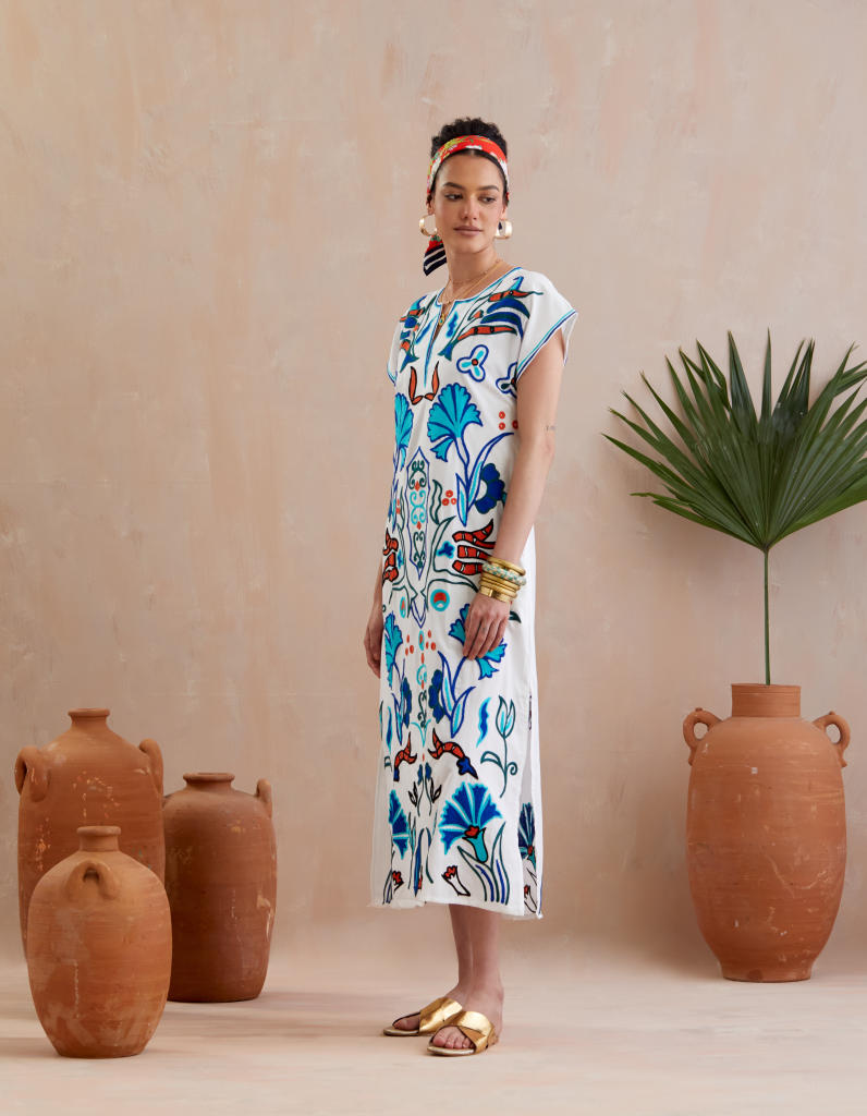 Ivory and Multi Color Thread Embroidery Maxi Dress With Short Sleeves poplin Buy Ivory and Multi Color Thread Embroidery Maxi Dress With Short Sleeves from C&W | Dresses for Women by Indian Summer Story in ivory color for women in Singapore