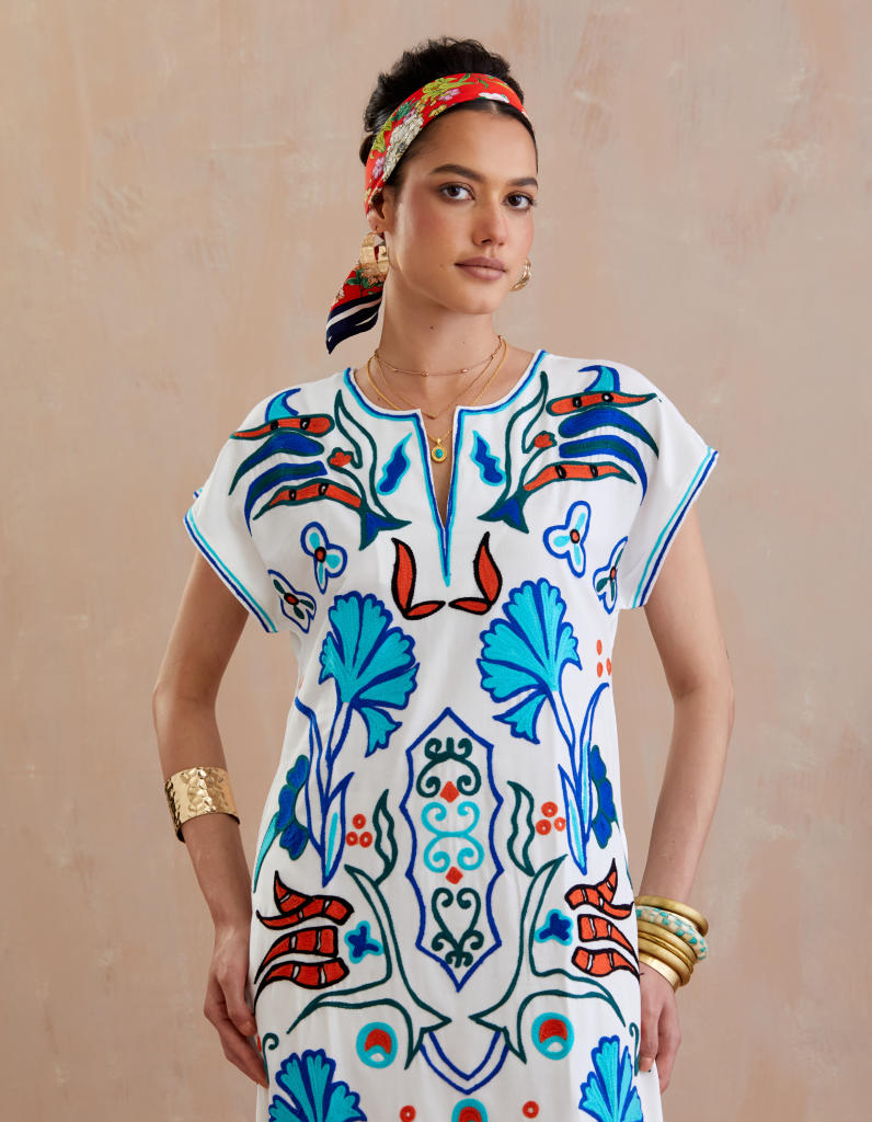 Ivory and Multi Color Thread Embroidery Maxi Dress With Short Sleeves poplin Buy Ivory and Multi Color Thread Embroidery Maxi Dress With Short Sleeves from C&W | Dresses for Women by Indian Summer Story in ivory color for women in Singapore