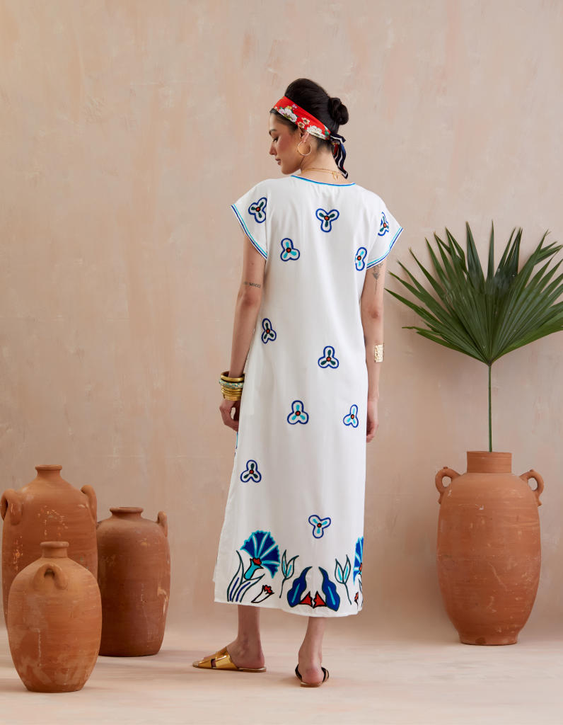 Ivory and Multi Color Thread Embroidery Maxi Dress With Short Sleeves poplin Buy Ivory and Multi Color Thread Embroidery Maxi Dress With Short Sleeves from C&W | Dresses for Women by Indian Summer Story in ivory color for women in Singapore