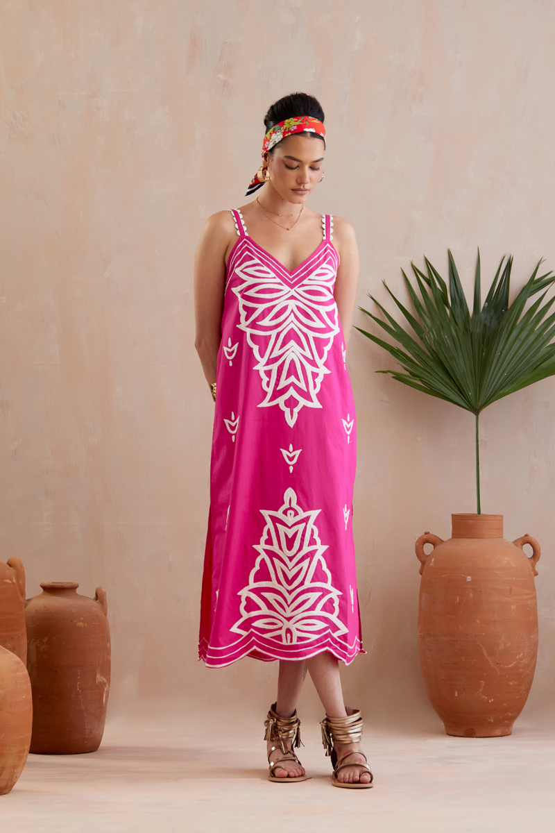 Fuchsia with Ivory Thread Embroidery Midi Dress poplin Buy Fuchsia with Ivory Thread Embroidery Midi Dress from C&W | Dresses for Women by Indian Summer Story in pink color for women in Singapore