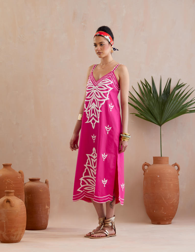 Fuchsia with Ivory Thread Embroidery Midi Dress poplin Buy Fuchsia with Ivory Thread Embroidery Midi Dress from C&W | Dresses for Women by Indian Summer Story in pink color for women in Singapore