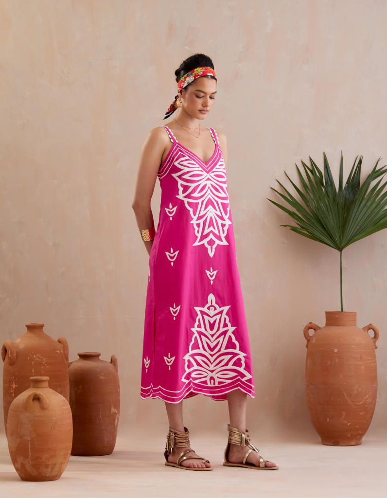 Fuchsia with Ivory Thread Embroidery Midi Dress poplin Buy Fuchsia with Ivory Thread Embroidery Midi Dress from C&W | Dresses for Women by Indian Summer Story in pink color for women in Singapore