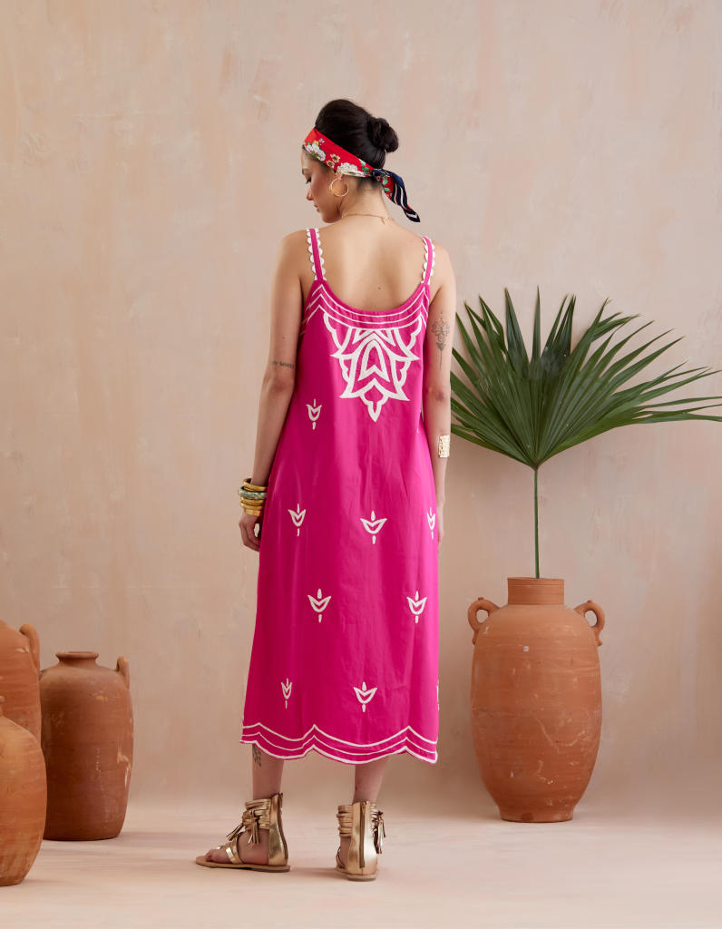 Fuchsia with Ivory Thread Embroidery Midi Dress poplin Buy Fuchsia with Ivory Thread Embroidery Midi Dress from C&W | Dresses for Women by Indian Summer Story in pink color for women in Singapore