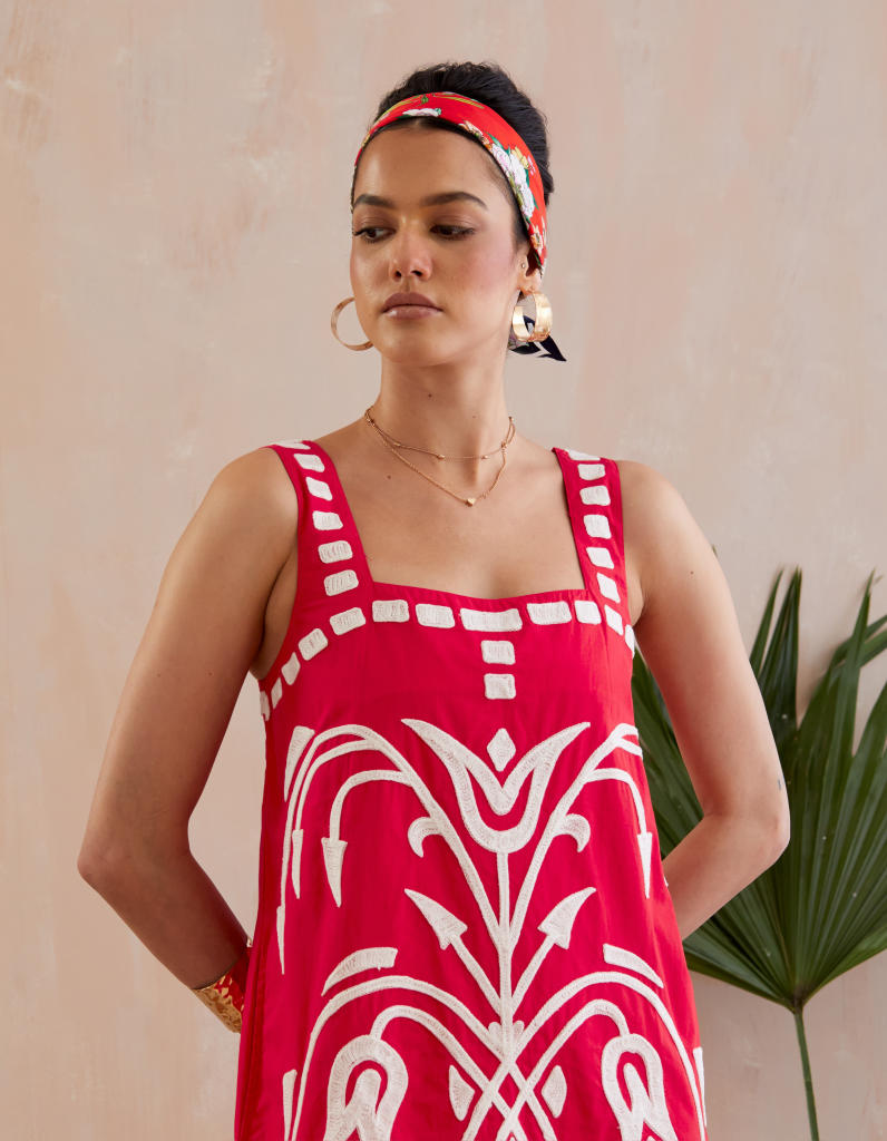 Crimson Red and Ivory Thread Embroidery Mini Dress poplin Buy Crimson Red and Ivory Thread Embroidery Mini Dress from C&W | Dresses for Women by Indian Summer Story in red color for women in Singapore