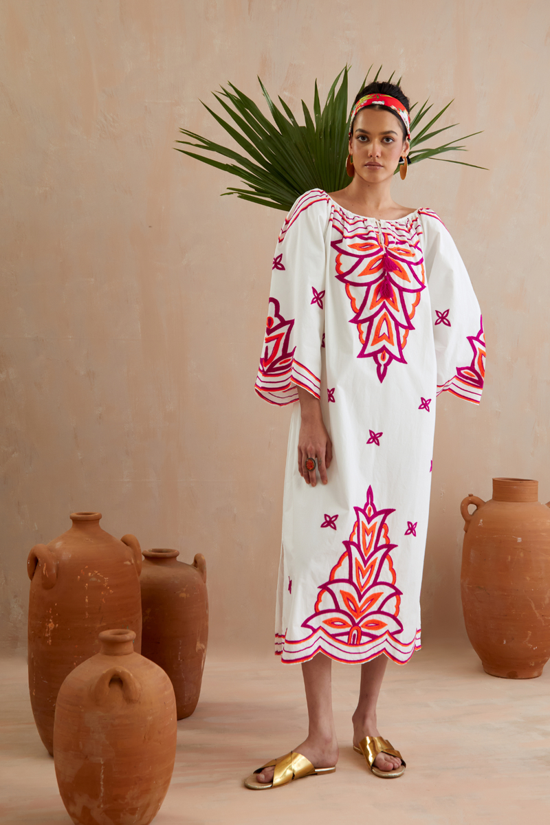 Ivory and Multi Color Fuschia Thread Embroidery Maxi Dress poplin Buy Ivory and Multi Color Fuschia Thread Embroidery Maxi Dress from C&W | Dresses for Women by Indian Summer Story in ivory color for women in Singapore