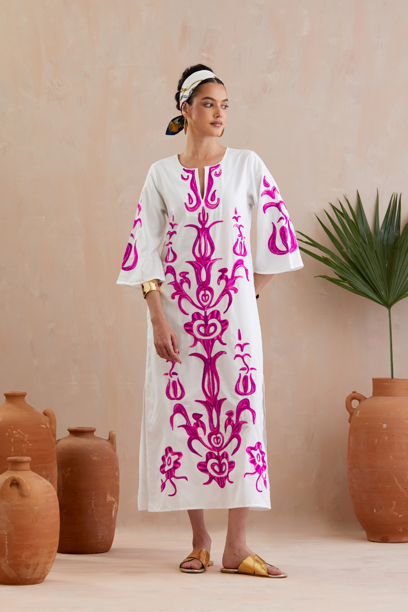 Ivory and Multi Color Fuschia Thread Embroidery Maxi Dress With Wide Sleeves poplin Buy Ivory and Multi Color Fuschia Thread Embroidery Maxi Dress With Wide Sleeves from C&W | Dresses for Women by Indian Summer Story in ivory color for women in Singapore