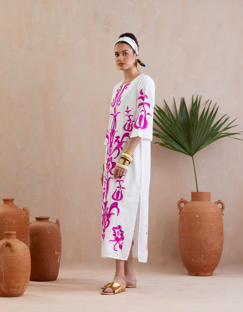 Ivory and Multi Color Fuschia Thread Embroidery Maxi Dress With Wide Sleeves poplin Buy Ivory and Multi Color Fuschia Thread Embroidery Maxi Dress With Wide Sleeves from C&W | Dresses for Women by Indian Summer Story in ivory color for women in Singapore