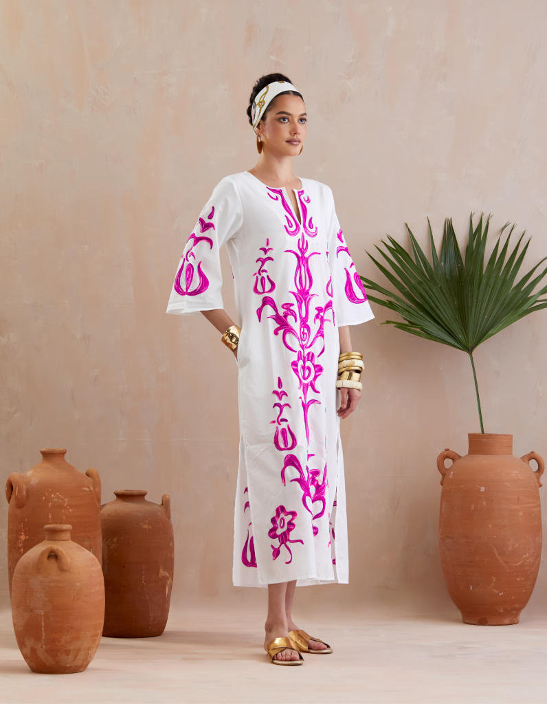 Ivory and Multi Color Fuschia Thread Embroidery Maxi Dress With Wide Sleeves poplin Buy Ivory and Multi Color Fuschia Thread Embroidery Maxi Dress With Wide Sleeves from C&W | Dresses for Women by Indian Summer Story in ivory color for women in Singapore