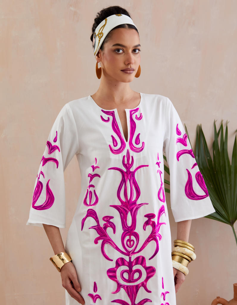 Ivory and Multi Color Fuschia Thread Embroidery Maxi Dress With Wide Sleeves poplin Buy Ivory and Multi Color Fuschia Thread Embroidery Maxi Dress With Wide Sleeves from C&W | Dresses for Women by Indian Summer Story in ivory color for women in Singapore