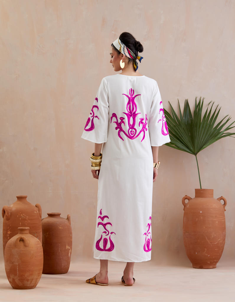 Ivory and Multi Color Fuschia Thread Embroidery Maxi Dress With Wide Sleeves poplin Buy Ivory and Multi Color Fuschia Thread Embroidery Maxi Dress With Wide Sleeves from C&W | Dresses for Women by Indian Summer Story in ivory color for women in Singapore